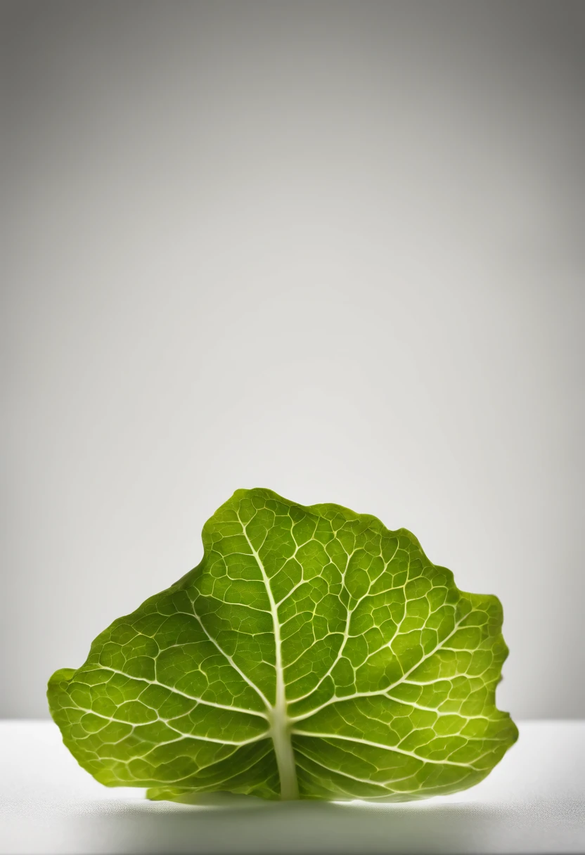 a minimalistic shot of a single lettuce leaf against a clean, white background, allowing the vibrant green color to be the focal point