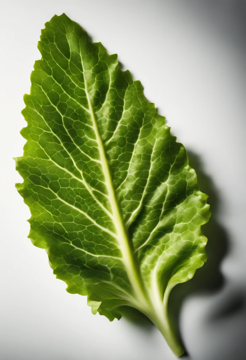 a minimalistic shot of a single lettuce leaf against a clean, white background, allowing the vibrant green color to be the focal point