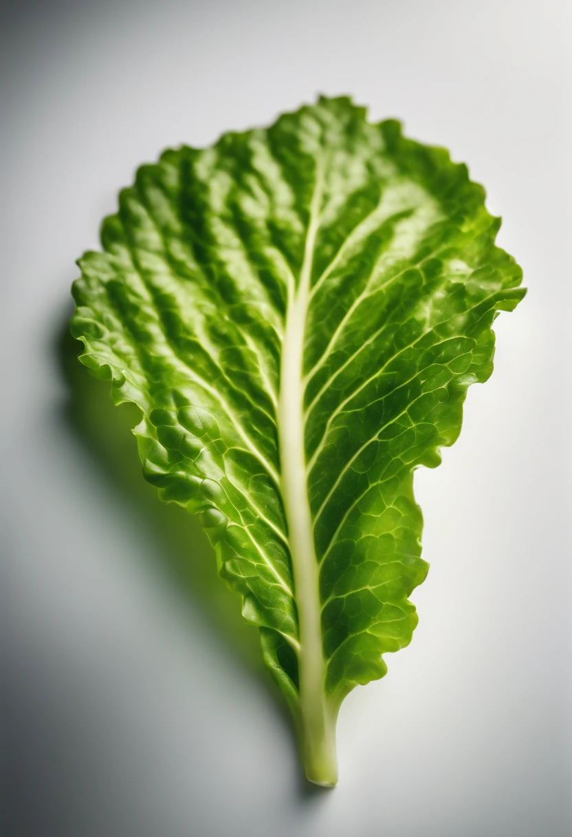 a minimalistic shot of a single lettuce leaf against a clean, white background, allowing the vibrant green color to be the focal point