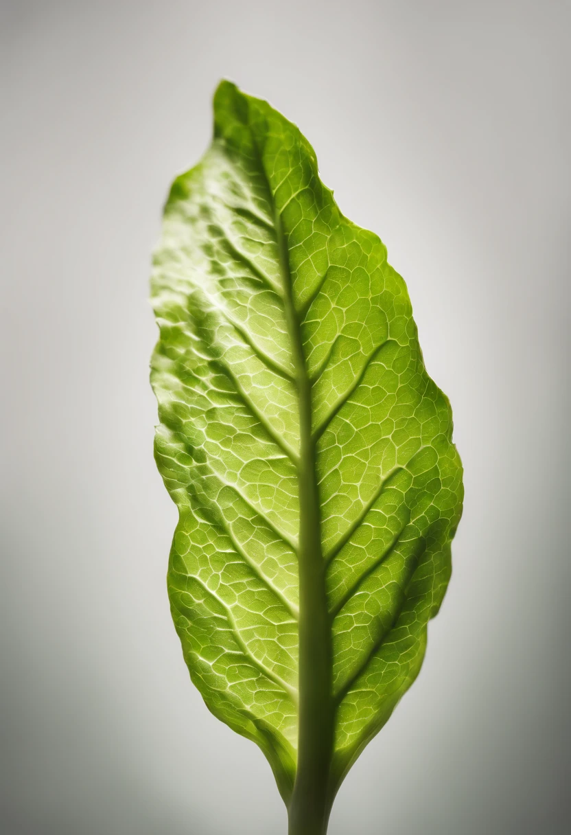 a minimalistic shot of a single lettuce leaf against a clean, white background, allowing the vibrant green color to be the focal point