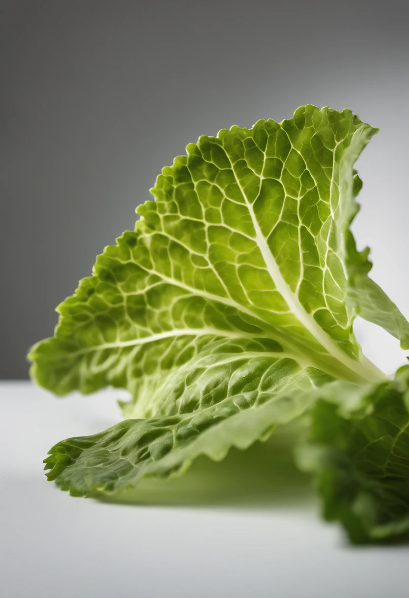 a minimalistic shot of a single lettuce leaf against a clean, white background, allowing the vibrant green color to be the focal point