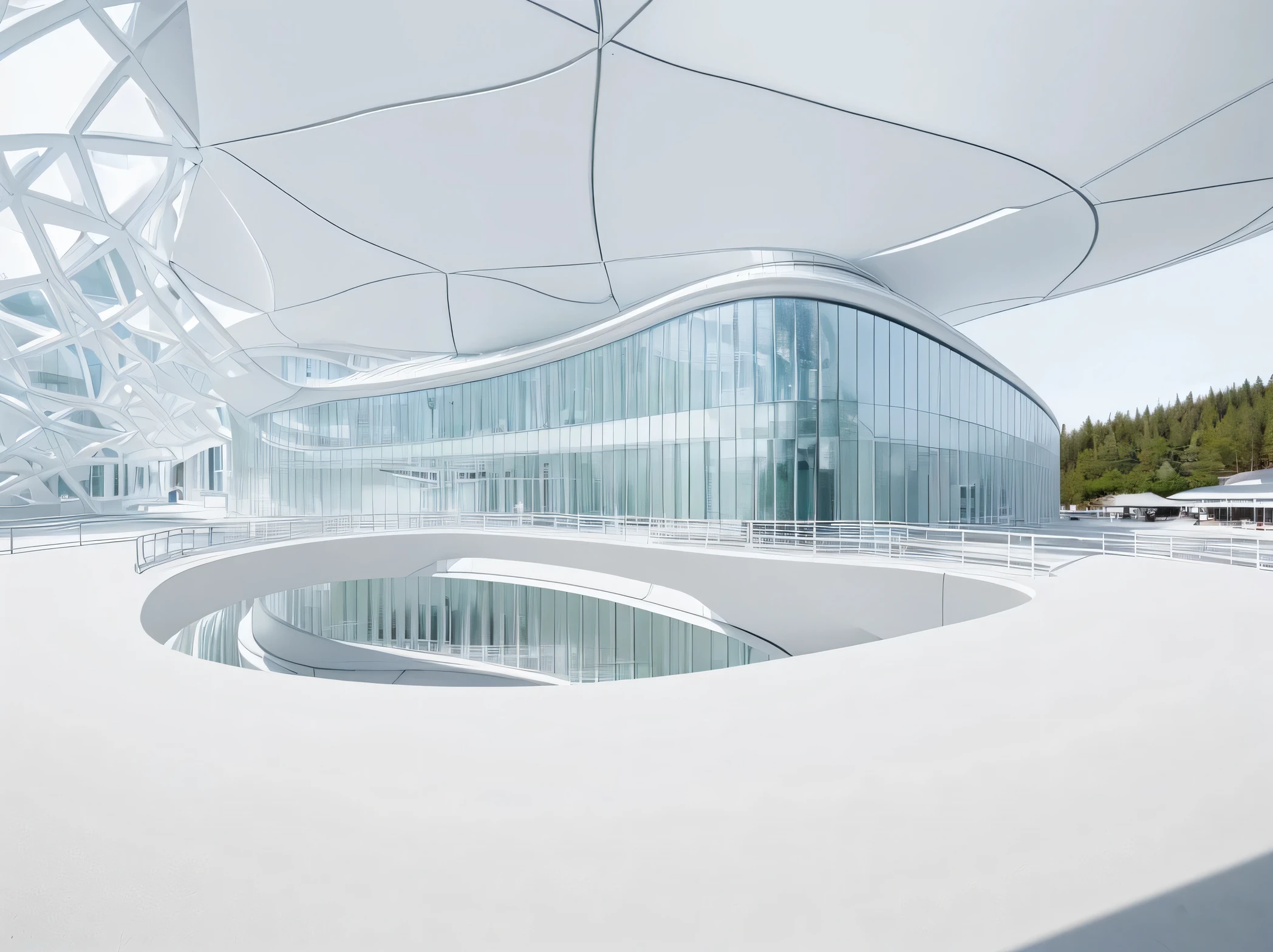 Real-world scenarios,curved ring building,Nordic style,white architecture,Every scene in the glass building,Rich details,Architectural texture light and shadow enhancement,Background with beach and woods,down view