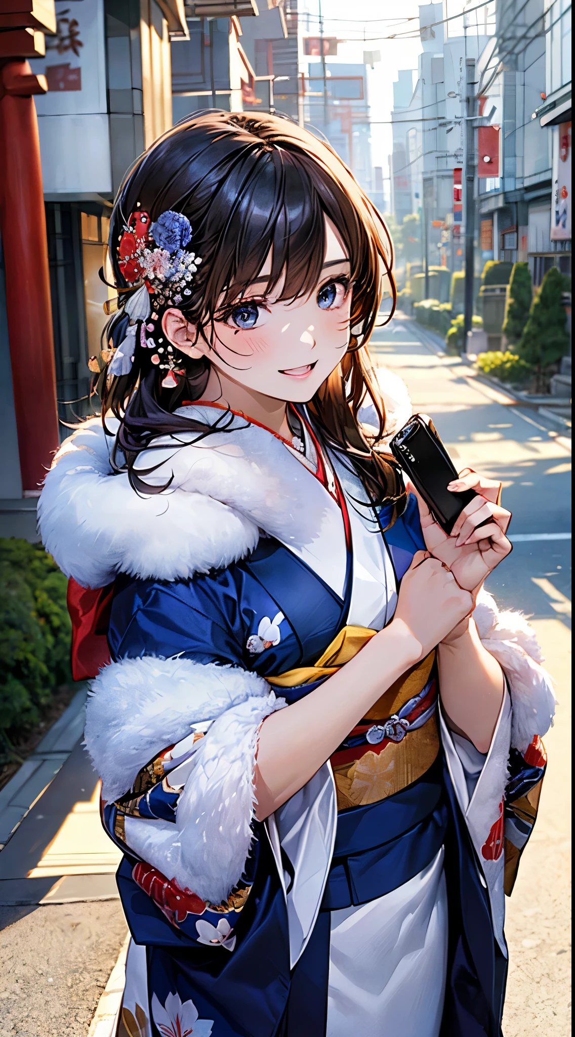((perfect anatomy, anatomically correct, super detailed skin)),
1 girl, japanese, high school girl, shiny skin, large breasts:0.5, looking up, watching the view,
beautiful hair, beautiful face, beautiful detailed eyes, (middle hair:1.5, japanese hair:1.5), black hair, blue eyes, babyface, mole under eye,
(((dark blue kimono, luxury floral kimono, fur muffler), hair ornament)),
((smile:1.5, open your mouth wide)), walking, holding a phone, holding a drawstring,
(beautiful scenery), winter, dawn, (new year's day, first visit), hokkaido, sapporo, outside hokkaido shrine, crowd, snow, snowfall:1.5, freezing weather, frost,
(8k, top-quality, masterpiece:1.2, extremely detailed), (photorealistic), beautiful art, visual art, depth of fields, natural lighting,