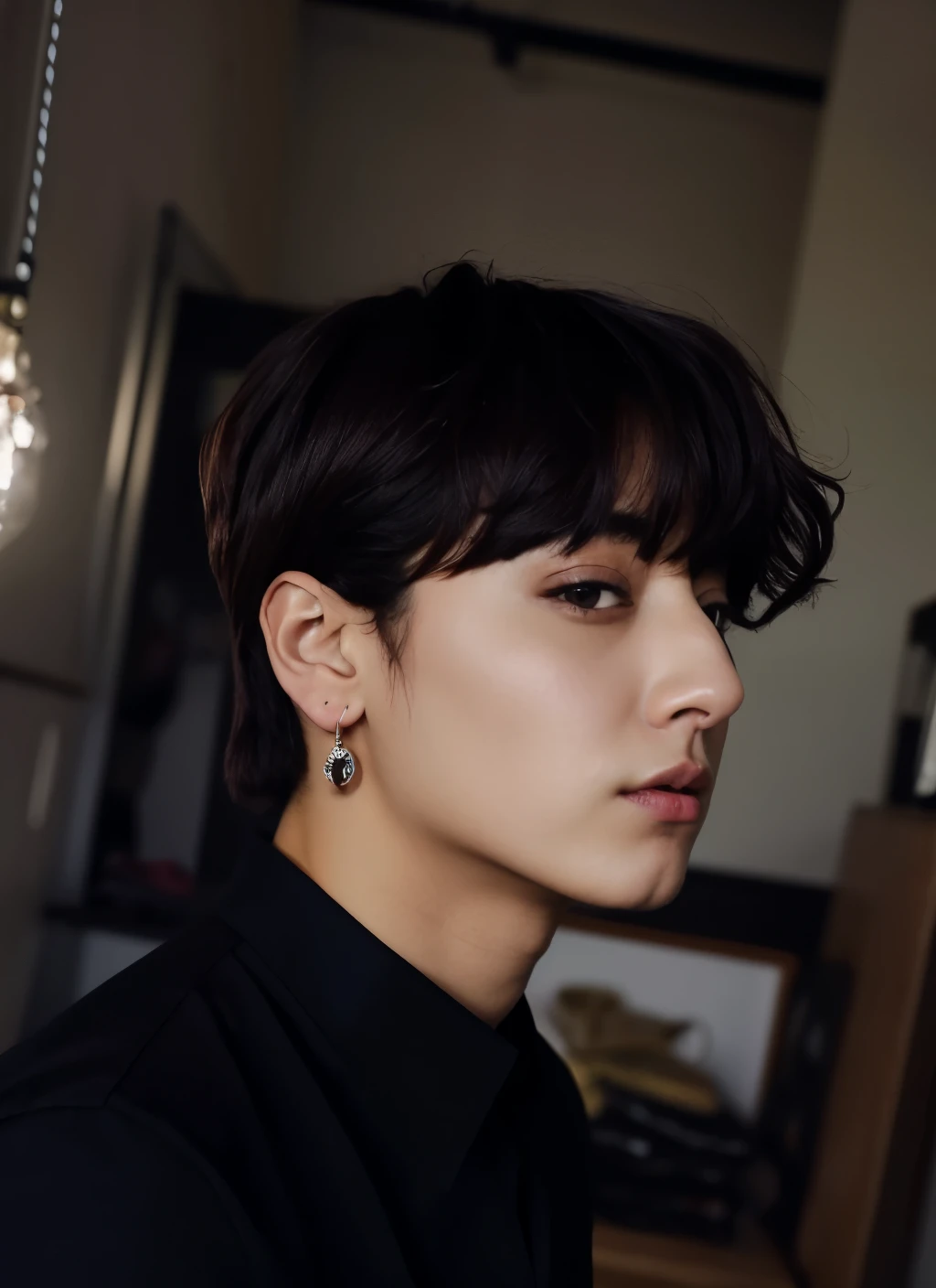 JEON JUNGKOOK BTS uma camisa preta e uma camisa preta, androgynous face, brincos enormes e maquiagem queer, delicate androgynous prince, orelhas aferidas, beautiful androgynous prince, androgynous person, androgynous male, pale orelhas pontiagudas, orelhas longas e pontudas, young handsome pale roma, androgynous, orelhas pontiagudas JUNGKOOK BTS