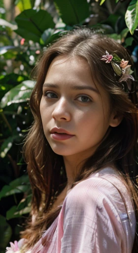 (best quality,ultra-detailed,photorealistic),young woman,beautiful eyes,detailed lips,pensive expression,soft lighting,vibrant colors,,long flowing hair,stylish pink outfit, jungle background,colorful flowers,natural sunlight,serene atmosphere, sad face, natural round breasts, hourglass figure, 4k details,