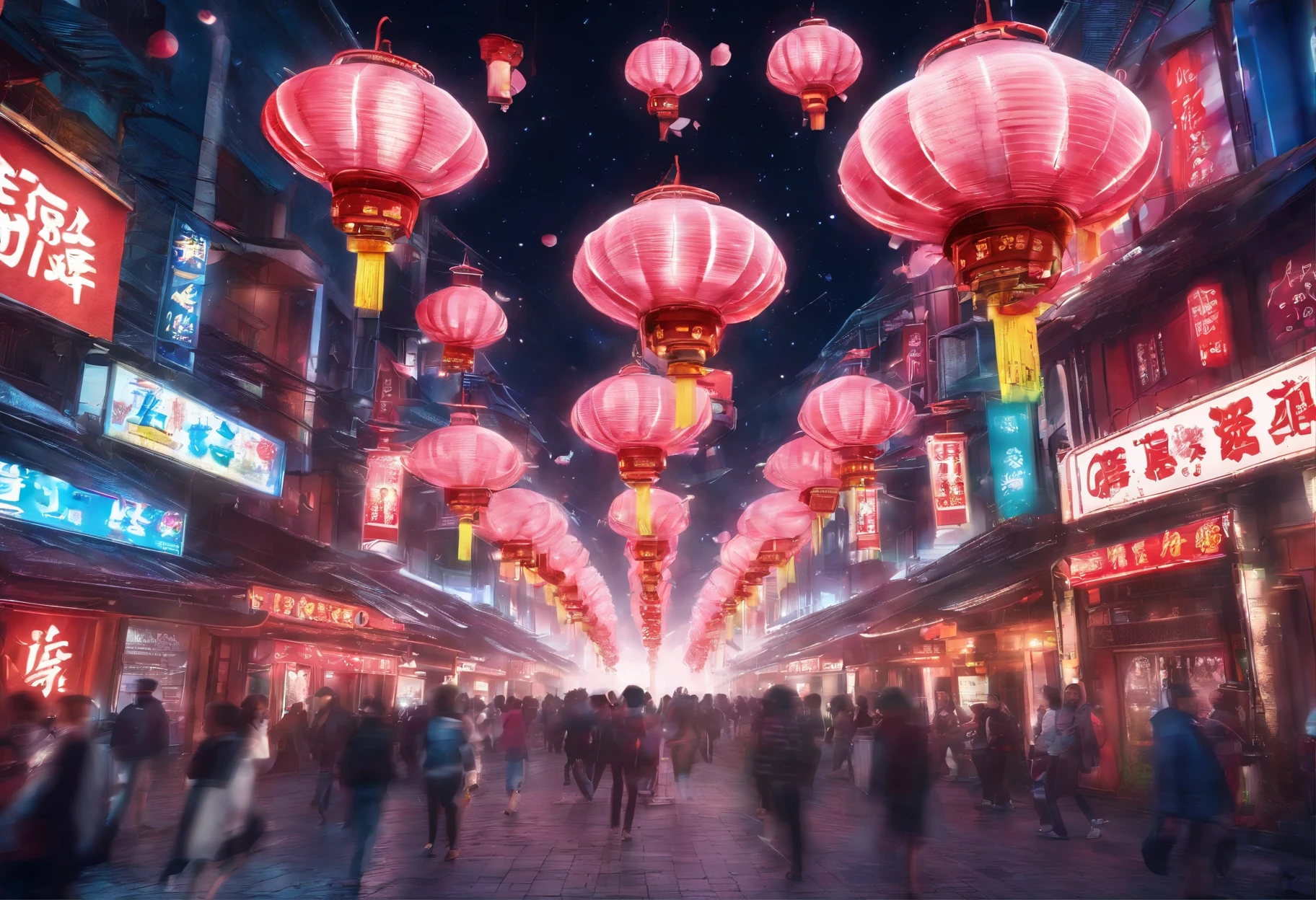 中国idoly New Year'eve,lanterns,idoly,dragon dance team,(((Gorgeous fireworks))),3d effect,a huge and prosperous city,natta,Flower Street is bustling with adults and children,high high quality,(16K resolution),((ultra - detailed)),((An artwork of)),hyper realisitc,电影灯光,Dynamic lines,OC Render,Low angle viewing angle