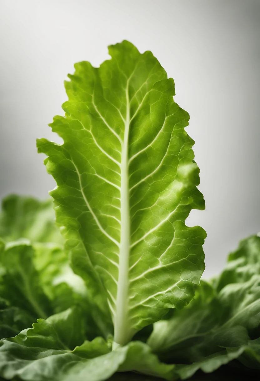 a minimalistic shot of a single lettuce leaf against a clean, white background, allowing the vibrant green color to be the focal point