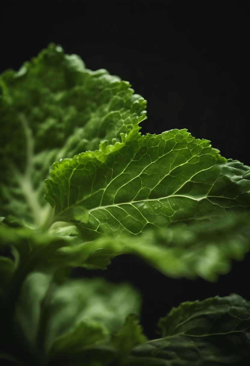 a close-up shot of a single crisp lettuce leaf, showcasing its intricate veining, vibrant green color, and delicate texture