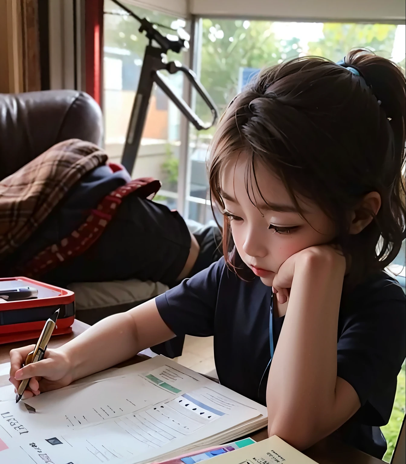 Fed girl sitting at the table，Holding a book and a pen, Learn, 在卧室Learn, 尝试Learn, pupils, li zixin, jinyiwei, Studious, young asian girl, photograph taken in 2 0 2 0, xintong chen, Inspired by ancient coins, working hard, Gamine, author：Lee Jae, Learn in a brightly lit room