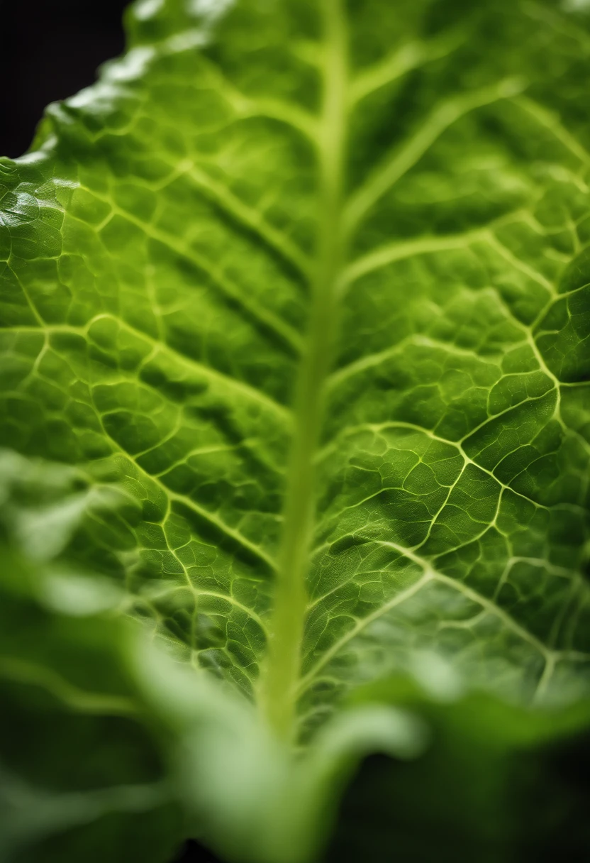 a close-up shot of a single crisp lettuce leaf, showcasing its intricate veining, vibrant green color, and delicate texture
