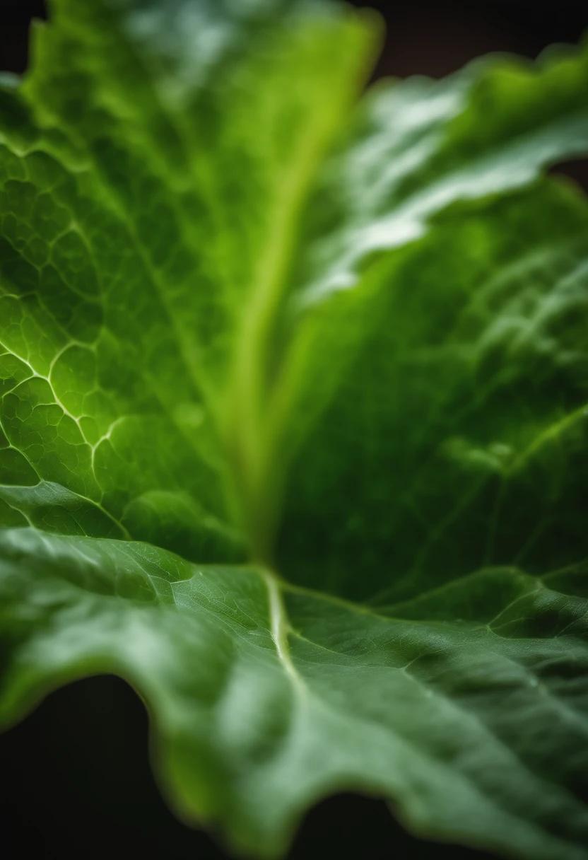 a close-up shot of a single crisp lettuce leaf, showcasing its intricate veining, vibrant green color, and delicate texture