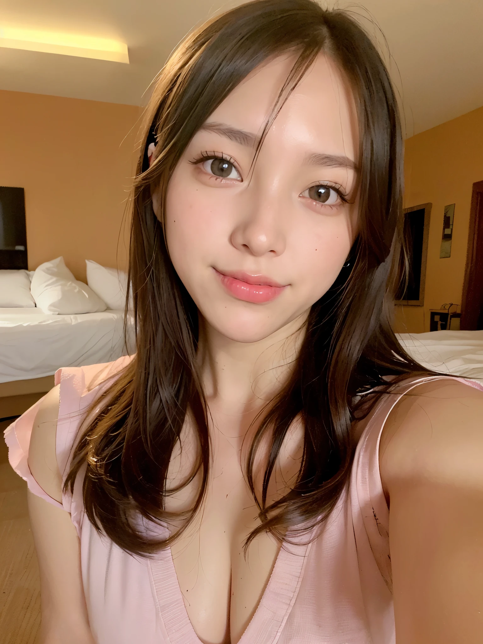 ((of the highest quality, 8K, masutepiece: 1.3, Raw photo)), Sharp Focus: 1.2, (1 AESPA Girl :1.1), Solo, (Realistic, Photorealistic: 1.37), (Face Focus: 1.1), Cute face, hyperdetailed face, Short messy hair, Small Smile, nude, Small breasts, flat chest, (chiffon yukata: 1.1), sleeping pose, Thigh, (Night hotel, bed room: 1.2), flower, Cattleya