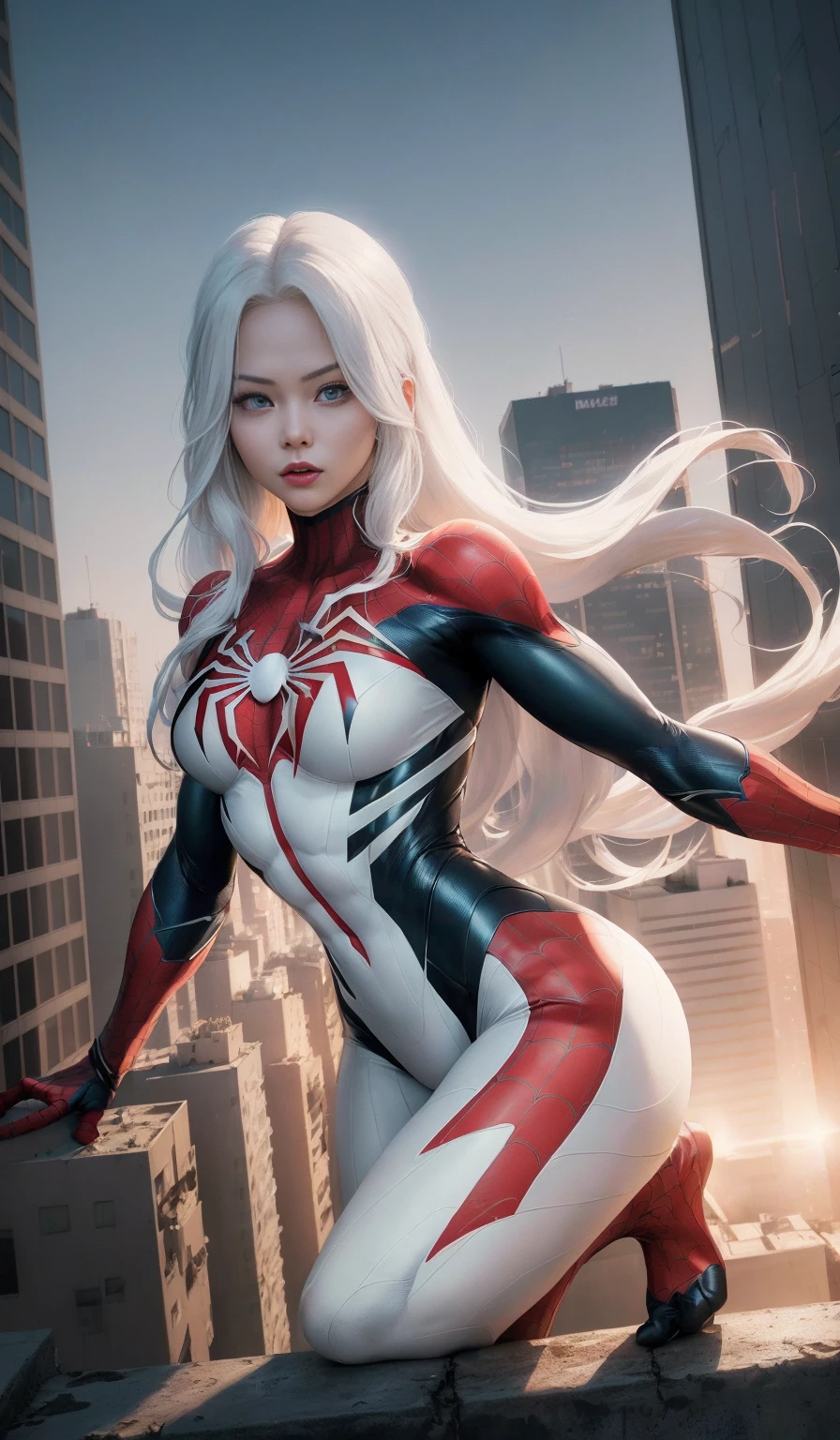 (tmasterpiece, 4K分辨率, Surreal, The is very detailed), (white super hero theme, Charismatic, There was a girl in town, Wearing Deadpool costume, She's a superhero), [ ((25 years), (Long white hair:1.2), full bodyesbian, (eBlue eyes:1.2), ((Spider-Man pose),Show strength, jump from one building to another), ((Sandy environment):0.8)| (view over city, natta, Dynamic light moon))] # interpretation: The prompt mainly describes an ultra high definition 4K painting, Very realistic, The is very detailed. It shows a superheroine on top of the city, wearing Spider-Man costume. 画中主题为white super hero theme, the female protagonist has Long white hair, is 25 years old and her entire body is shown in the painting. In terms of depicting superhero action, Spider is hired