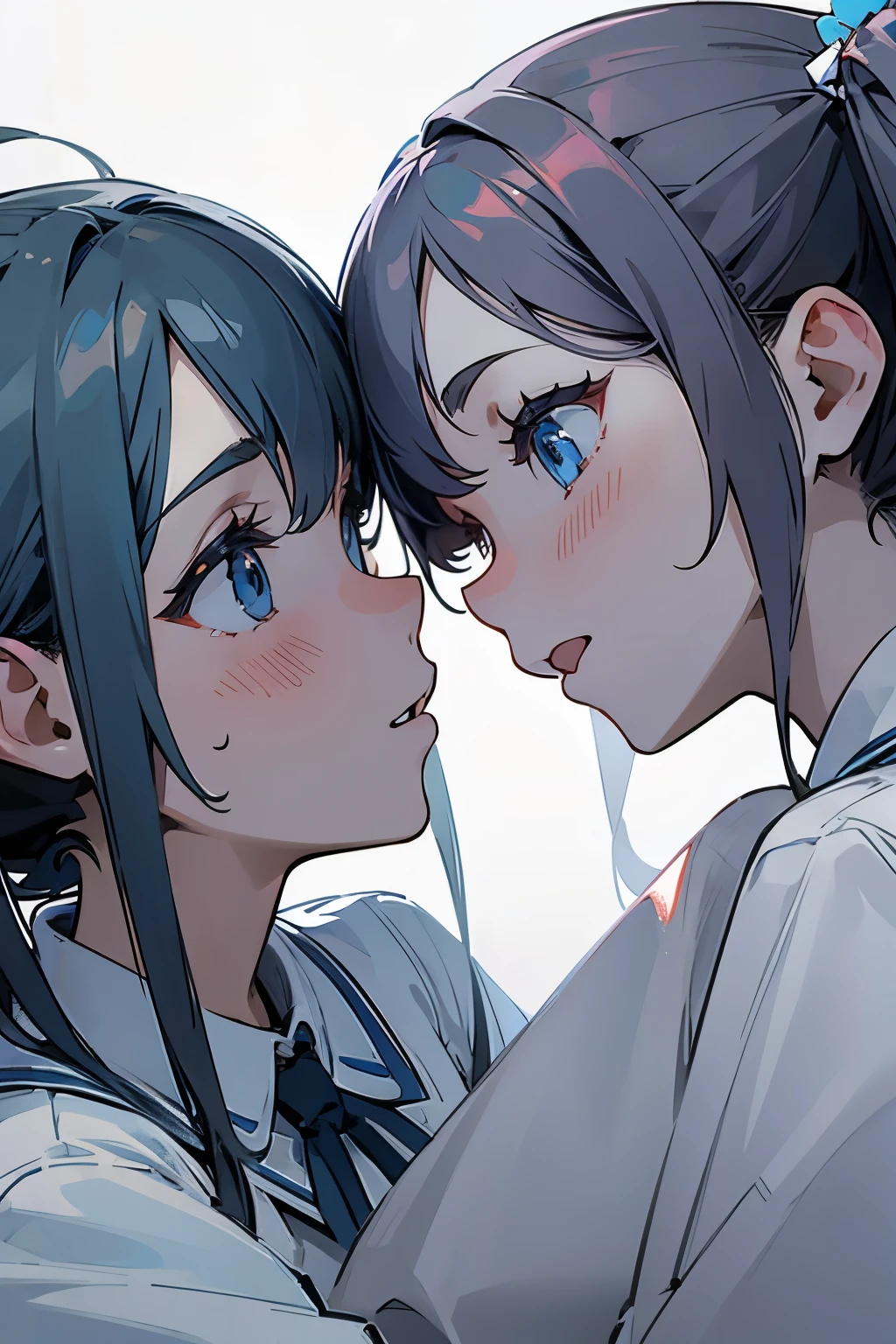 Two girls with twin tails are staring at each other, their noses touching, their mouths wide open, and they can smell each other's breath.
Breath is expressed as a white haze.