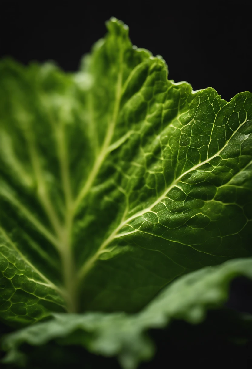 a close-up shot of a single crisp lettuce leaf, showcasing its intricate veining, vibrant green color, and delicate texture