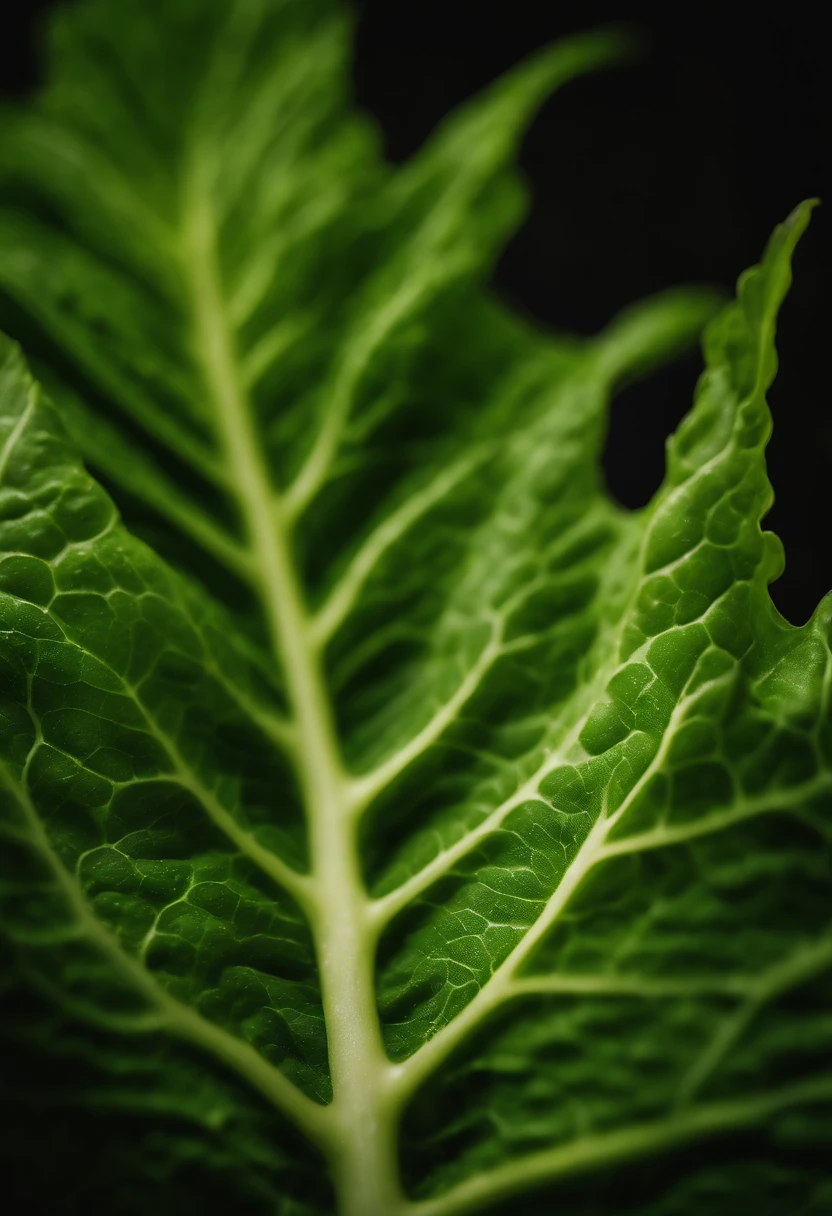 a close-up shot of a single crisp lettuce leaf, showcasing its intricate veining, vibrant green color, and delicate texture