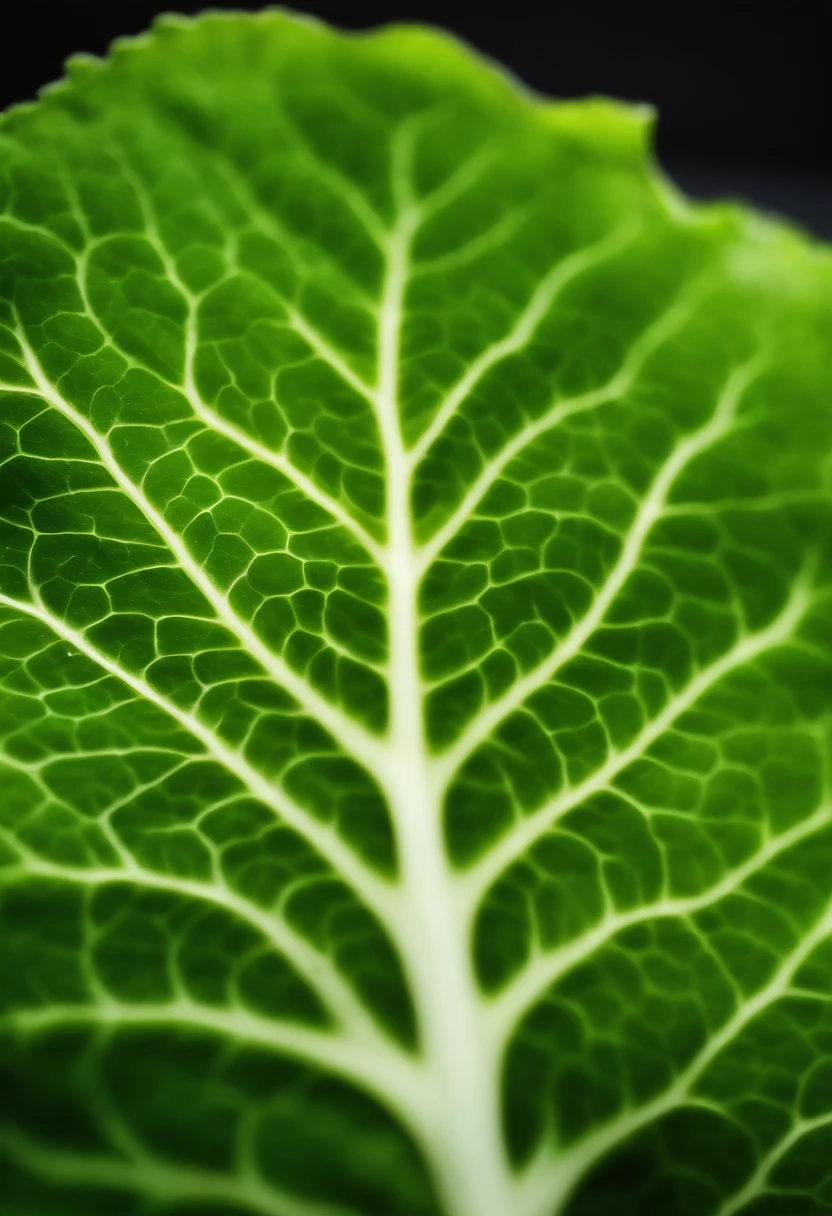 a close-up shot of a single crisp lettuce leaf, showcasing its intricate veining, vibrant green color, and delicate texture