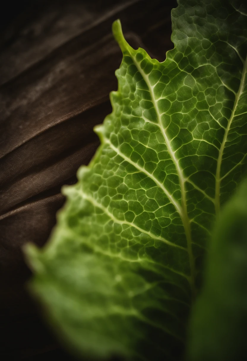 a close-up shot of a single crisp lettuce leaf, showcasing its intricate veining, vibrant green color, and delicate texture