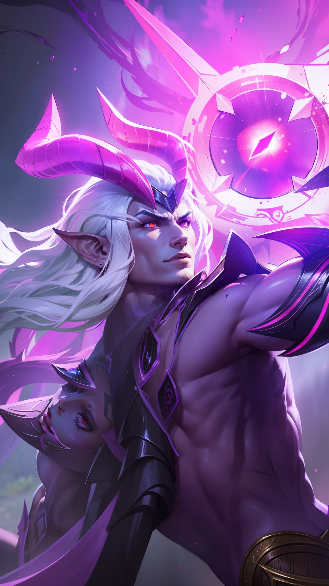 Boy with two big horns, big earrings on ears, elf ear, red eyes, Thick eyebrows, evil, grinning,red body, red face, Burning skin, yellow diamonds glistening on chest, burning red skin,golden robe behind, big white belt , 8k , realistic, scary, close-up of a person wearing a gold costume with a spear, inspired by Alpha Crimson Warrior, mobile legends splash art, fuchsia skin under armor, official splash art, shaco from mobile legends, mobile legends style, splash art, mobile legends splash art legend, iconic character splash art