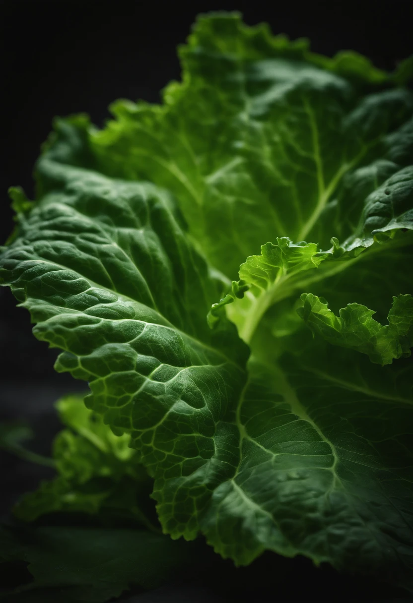 a close-up shot of a single crisp lettuce leaf, showcasing its intricate veining, vibrant green color, and delicate texture