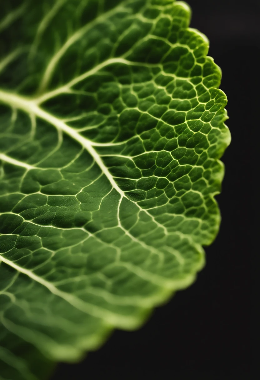 a close-up shot of a single crisp lettuce leaf, showcasing its intricate veining, vibrant green color, and delicate texture