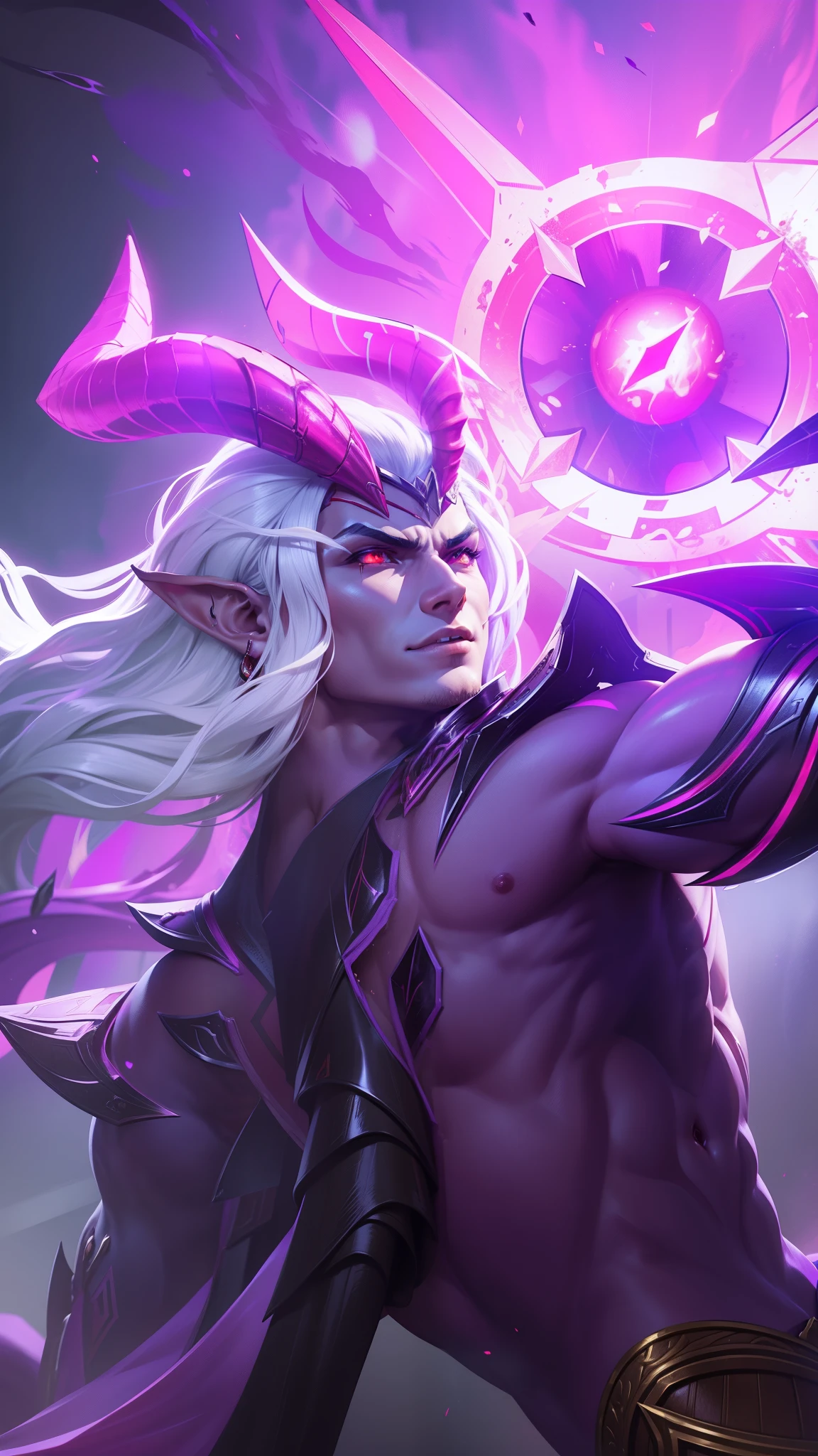 Boy with two big horns, big earrings on ears, elf ear, red eyes, Thick eyebrows, evil, grinning,red body, red face, Burning skin, yellow diamonds glistening on chest, burning red skin,golden robe behind, big white belt , 8k , realistic, scary, close-up of a person wearing a gold costume with a spear, inspired by Alpha Crimson Warrior, mobile legends splash art, fuchsia skin under armor, official splash art, shaco from mobile legends, mobile legends style, splash art, mobile legends splash art legend, iconic character splash art