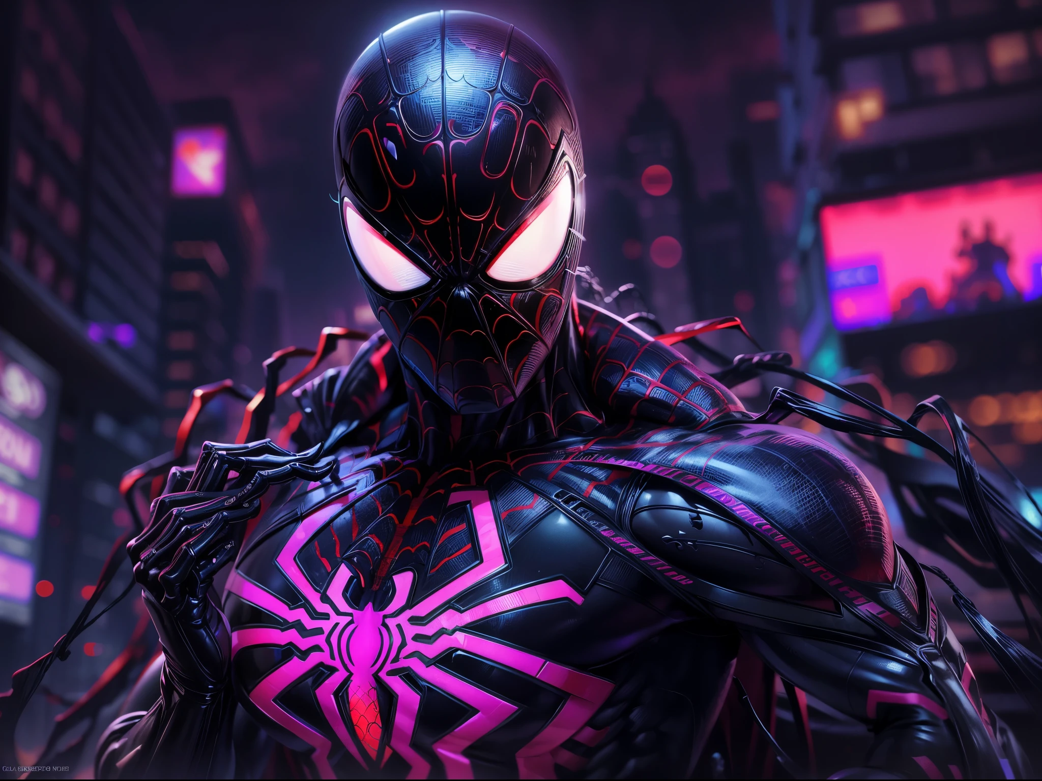 Spiderman, full face covered, symbiote, scared, black slime, octane render, bioluminescent,8K resolution concept art, realism,by Mappa studios,masterpiece,best quality,official art,illustration,ligne claire,(cool_color),perfect composition,absurdres, tall body, super hero landing pose, on a street,(cyberpunk city background), spider man symbiote suit,close shot, spider man focus, full body,neon light