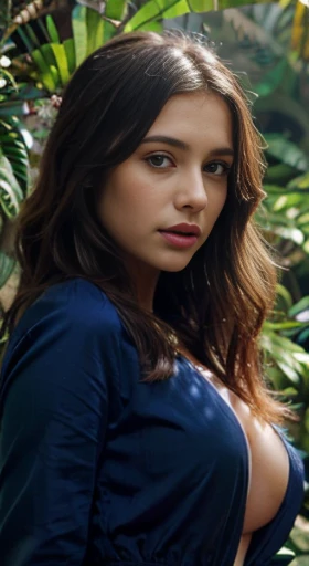 (best quality,ultra-detailed,photorealistic),young woman,beautiful eyes,detailed lips,pensive expression,soft lighting,vibrant colors,,long flowing hair,stylish Navy blue outfit, jungle background,colorful flowers,natural sunlight,serene atmosphere, sad face, natural round breasts, hourglass figure, 4k details,