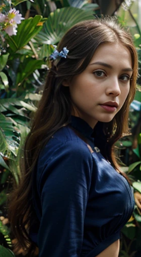 (best quality,ultra-detailed,photorealistic),young woman,beautiful eyes,detailed lips,pensive expression,soft lighting,vibrant colors,,long flowing hair,stylish Navy blue outfit, jungle background,colorful flowers,natural sunlight,serene atmosphere, sad face, natural round breasts, hourglass figure, 4k details,