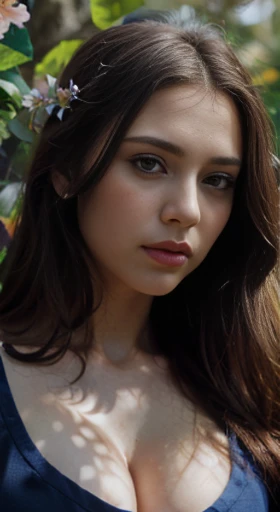 (best quality,ultra-detailed,photorealistic),young woman,beautiful eyes,detailed lips,pensive expression,soft lighting,vibrant colors,,long flowing hair,stylish Navy blue outfit, jungle background,colorful flowers,natural sunlight,serene atmosphere, sad face, natural round breasts, hourglass figure, 4k details,
