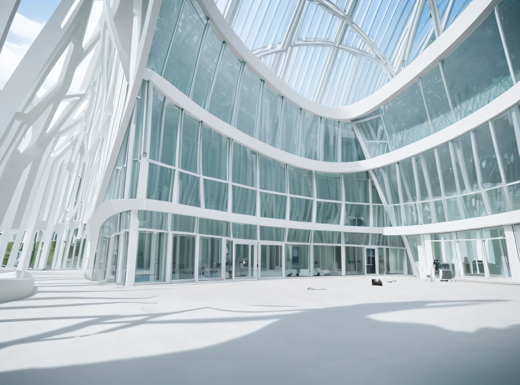 Real-world scenarios，curved ring building，Nordic style，white architecture，Every scene in the glass building，Rich details​，Architectural texture light and shadow enhancement，Background with beach and woods，large scene