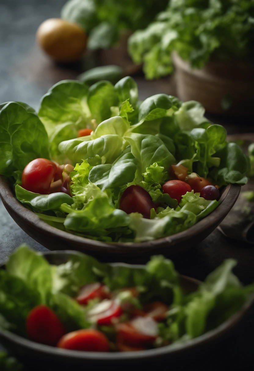 a high-resolution shot of a salad made with various types of lettuce, highlighting the different textures, colors, and shapes of the leaves