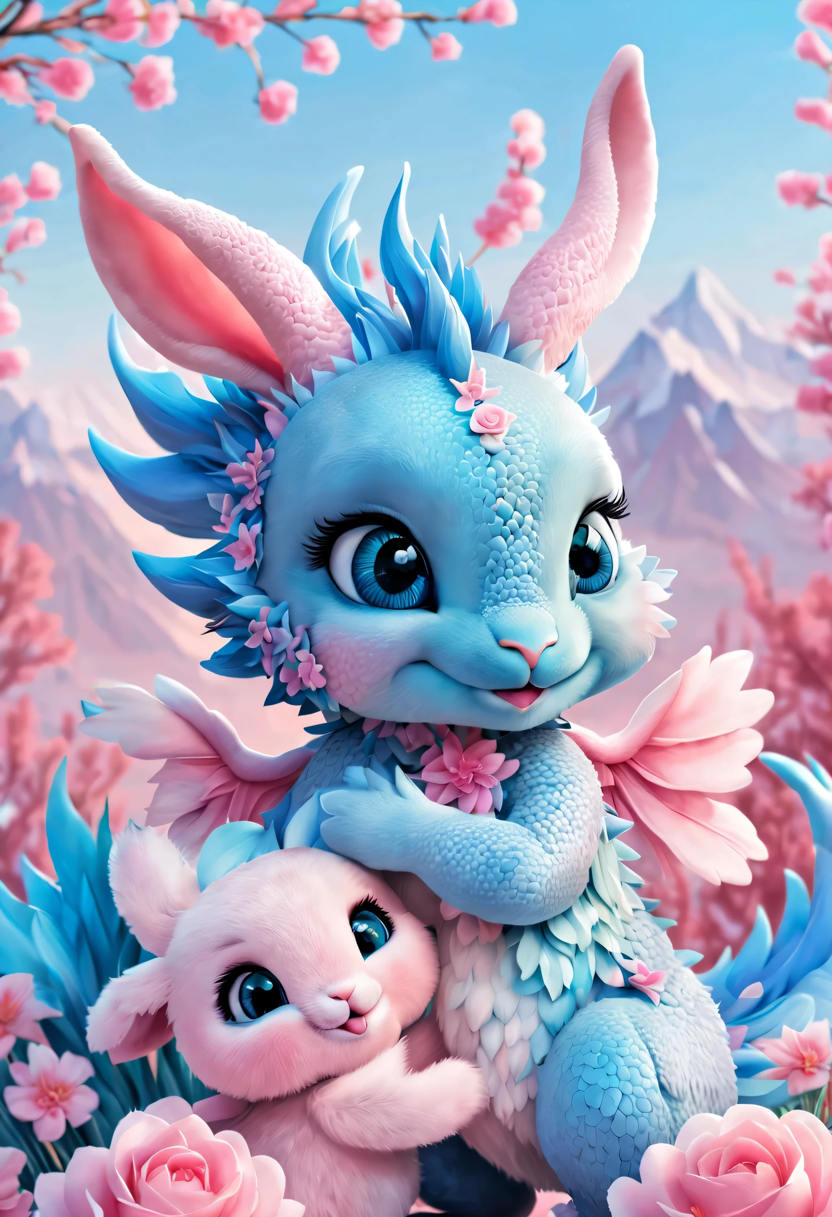 （2024 poster design），Pink and blue as main colors， (Cute and playful blue zodiac dragon is shaking hands with pink fluffy bunny）,Wearing beautiful makeup，Long eyelashes，（2024），a happy new year，fresh flowers