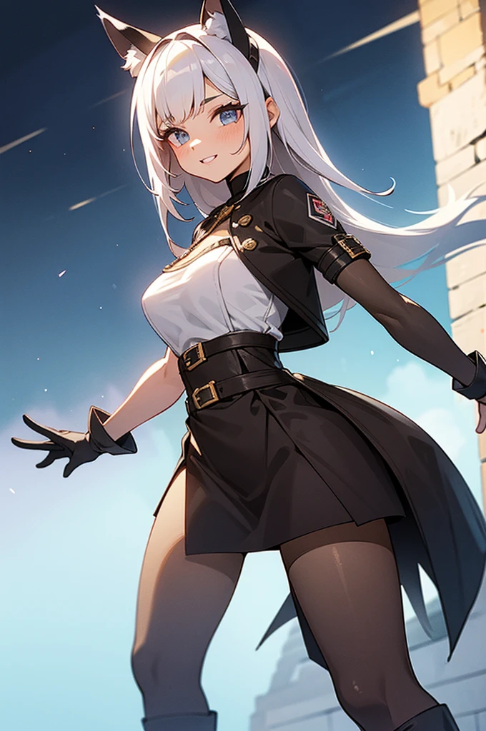 beautiful young female warrior fighter with cat ears on her head, com rosto bem detalhado e bonito, belos olhos, belos olhos, rosto lindo, beautiful young woman wearing long brown leggings with black details, sueter apertado branco, standing in a castle, usando bota preta, cabelo comprido com franja preto, ,orelhas de gato, belo sorriso, tomboy, um pouco musculosa,suter branco com cinta em volta, olhar serio,usando jaqueta de couro apertado preto, coxas grossas e longas pernas, coxas sexy grossas, botas pretas, botas, belas coxas