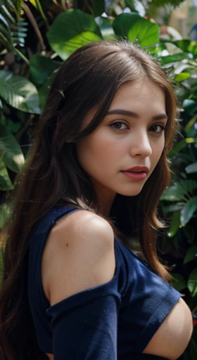 (best quality,ultra-detailed,photorealistic),young woman,beautiful eyes,detailed lips,pensive expression,soft lighting,vibrant colors,,long flowing hair,stylish Navy blue outfit, jungle background,colorful flowers,natural sunlight,serene atmosphere, sad face, natural round breasts, hourglass figure, 4k details,