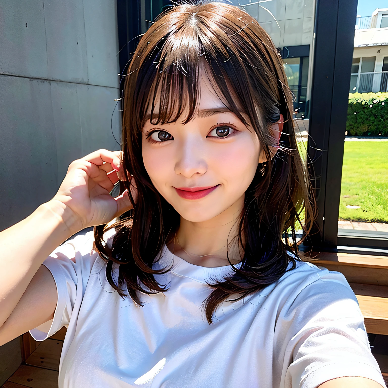 (8K、Raw photography、top-quality、​masterpiece:1.2)、(realisitic、フォトrealisitic:1.37)、（1 adult female）、The upper part of the body、Double eyes、Kamimei、The nasal muscles are passing through、bobhair、loose wavy hair、Colossal tits、white t-shirts、jeans、light skinned、Pink lips、A smile、Luxury、