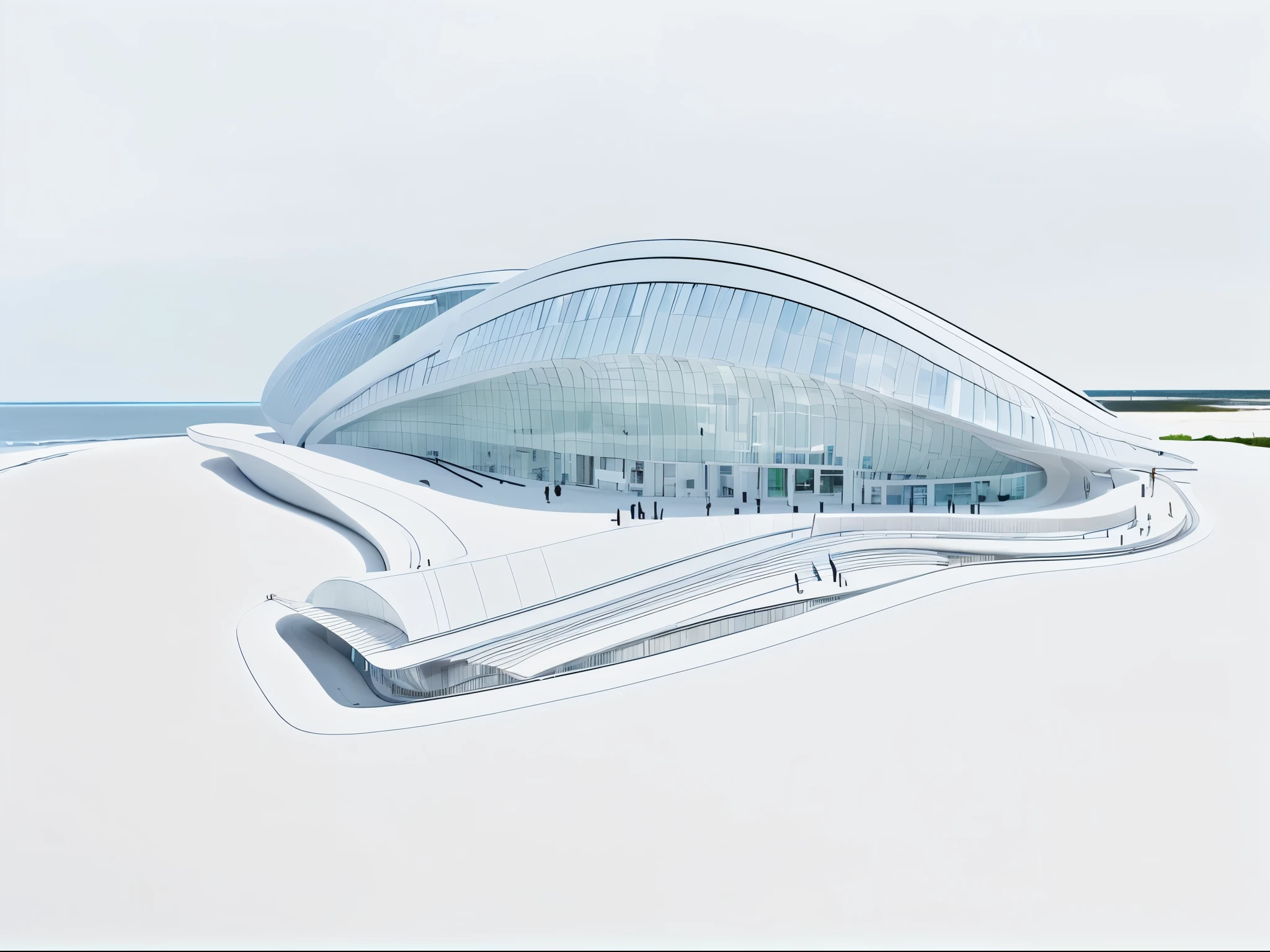 Real-world scenarios,curved ring building,Nordic style,white architecture,Every scene in the glass building,Rich details,Architectural texture light and shadow enhancement,Background with beach and woods,natta,Warm light shines through the glass