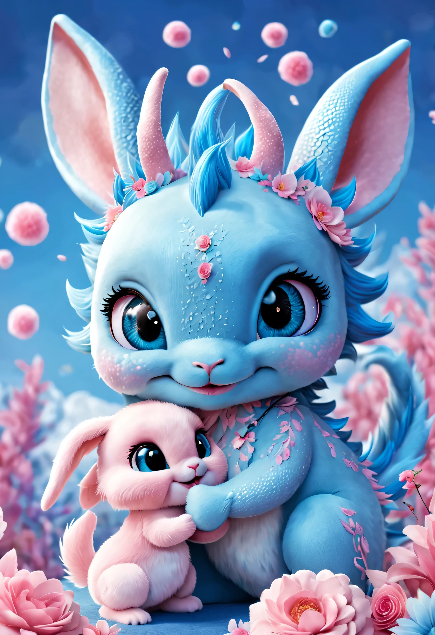 (2024 poster design),Pink and blue as main colors, (Cute and playful blue zodiac dragon is shaking hands with pink fluffy bunny),Wearing beautiful makeup,Long eyelashes,(2024),a happy new year,fresh flowers