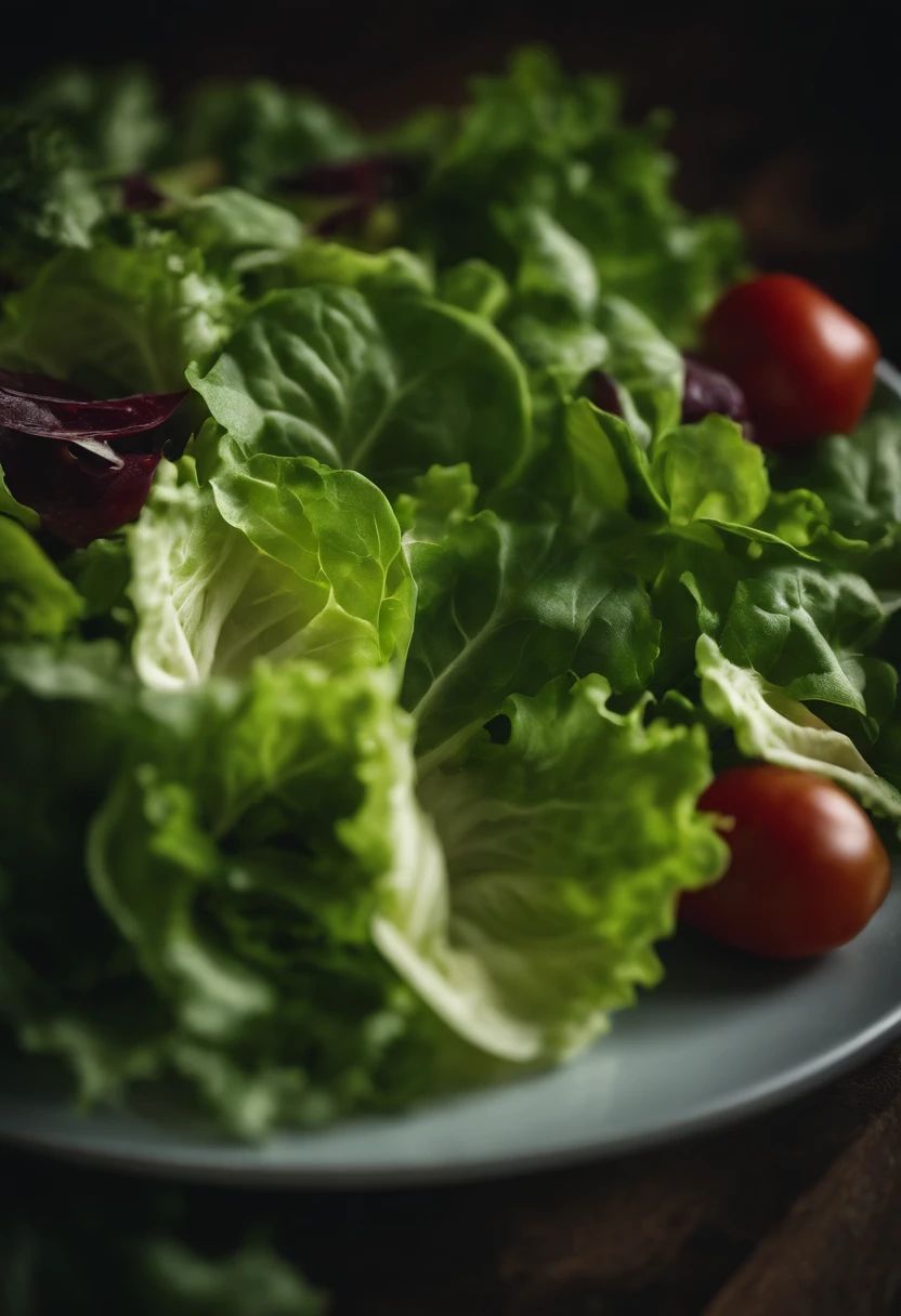 a high-resolution shot of a salad made with various types of lettuce, highlighting the different textures, colors, and shapes of the leaves