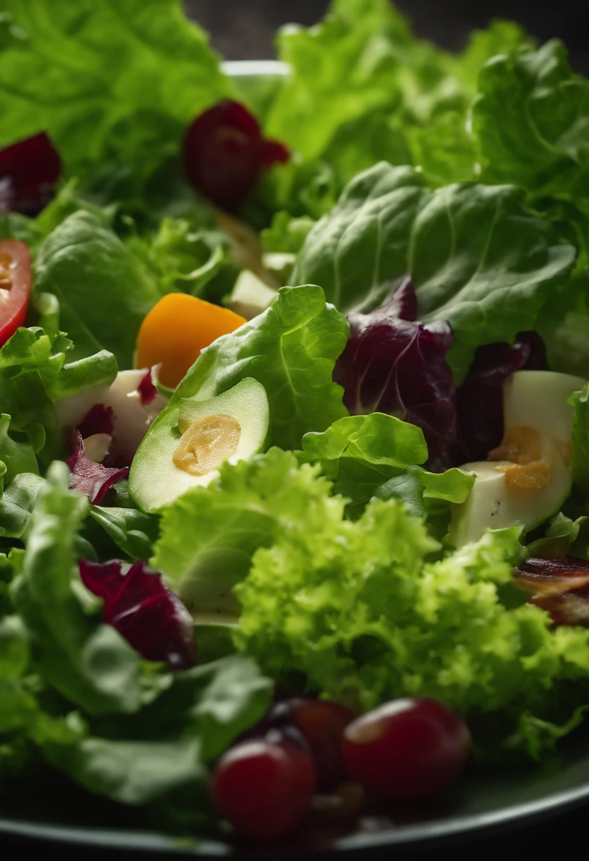 a high-resolution shot of a salad made with various types of lettuce, highlighting the different textures, colors, and shapes of the leaves