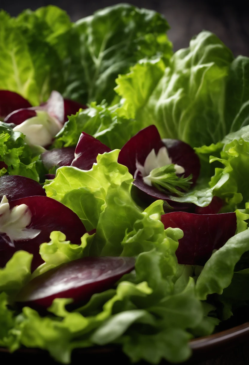 a high-resolution shot of a salad made with various types of lettuce, highlighting the different textures, colors, and shapes of the leaves