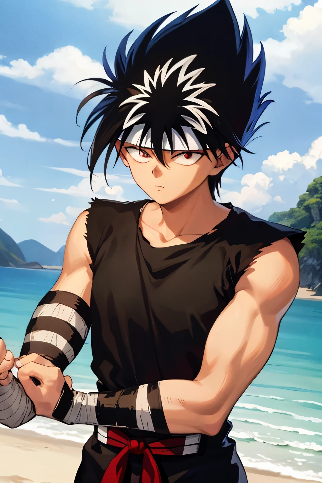 masterpiece, best quality, 1boy, hiei, black hair,  white hair, spiked hair, red eyes, headband, bandages, upper body, sleeveless, torn clothes, solo, sea, sand, tropical island background