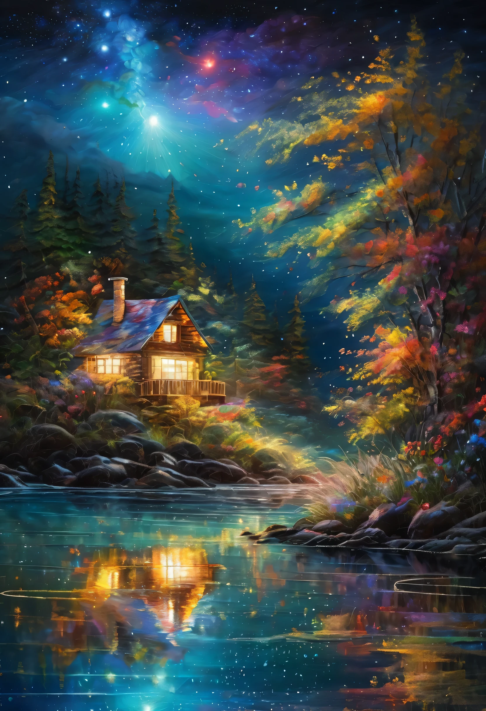 Cottage in Alaska, night time, milky way, starry sky, panoramic view on the sea. Yossi Kotler oil painting, elegant extremely detailed fantasy intricate oil on canvas intricate details beautiful colourful beautiful lighting light reflections Watercolour celestial Iridescent illuminated vibrant colors, fireflies, stars