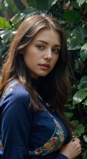 (best quality,ultra-detailed,photorealistic),young woman,beautiful eyes,detailed lips,pensive expression,soft lighting,vibrant colors,,long flowing hair,stylish blue outfit, jungle background,colorful flowers,natural sunlight,serene atmosphere, natural round breasts, hourglass figure, 4k details,
