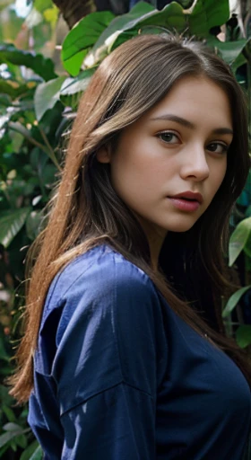 (best quality,ultra-detailed,photorealistic),young woman,beautiful eyes,detailed lips,pensive expression,soft lighting,vibrant colors,,long flowing hair,stylish Navy blue outfit, jungle background,colorful flowers,natural sunlight,serene atmosphere, sad face, natural round breasts, hourglass figure, 4k details,