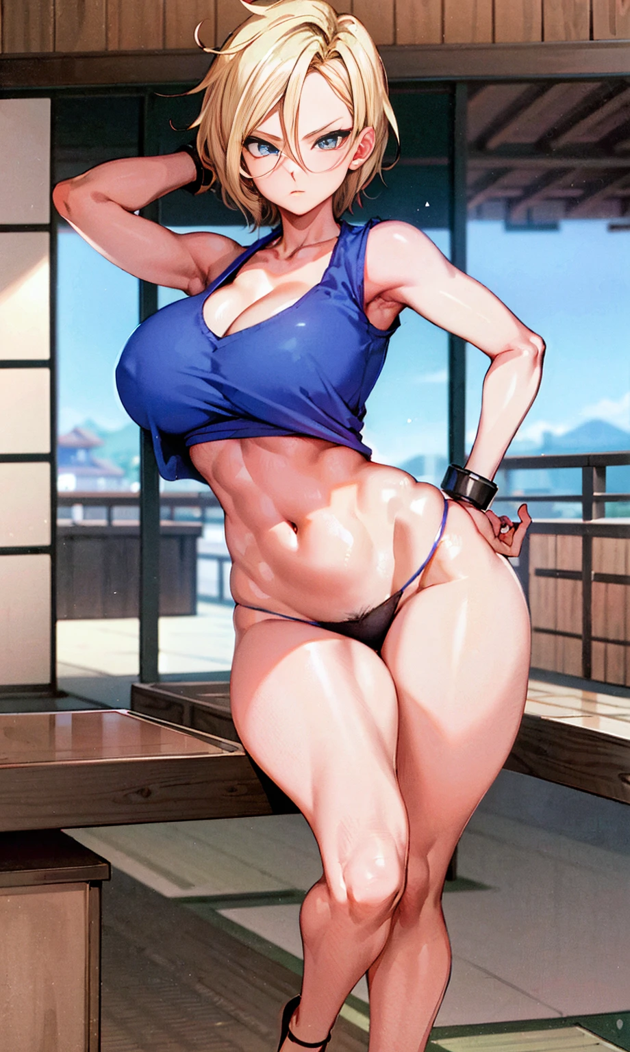 Beutiful women, perfect pubic ((8K)) hyper realisitc, Cyborg 18 in Dragon Ball Z,Blonde short hair big tits,big curve,eBlue eyes,Wear a short shirt,Only wear,,near groin,Japan City Background