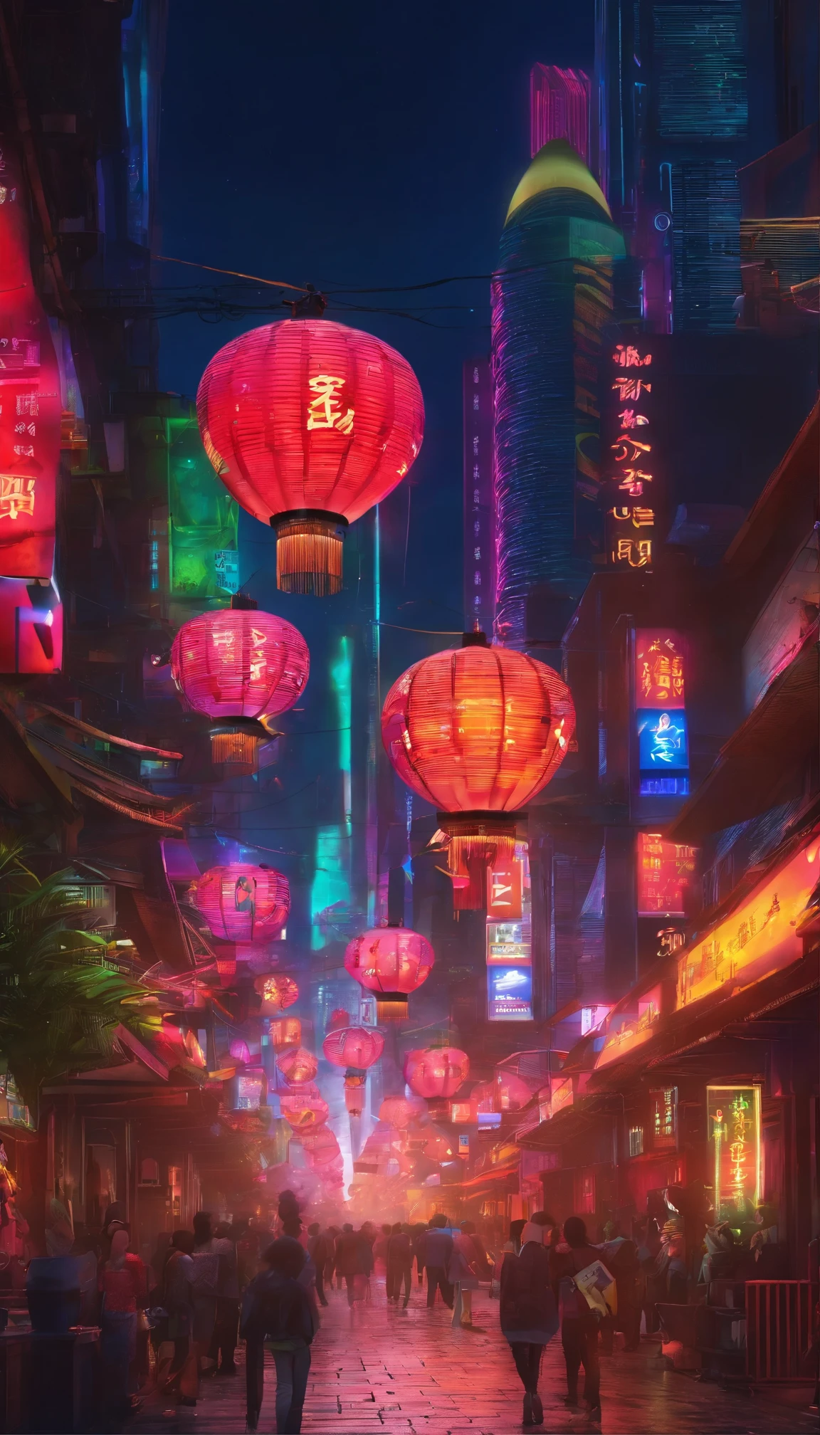 中国idoly New Year&#39;eve，lanterns，idoly，dragon dance team，（（（Gorgeous fireworks））），3d effect，a huge and prosperous city，natta，Flower Street is bustling with adults and children，high high quality，（16K resolution），（（ultra - detailed）），（（An artwork of）），hyper realisitc，电影灯光，Dynamic lines，OC Render，Low angle viewing angle