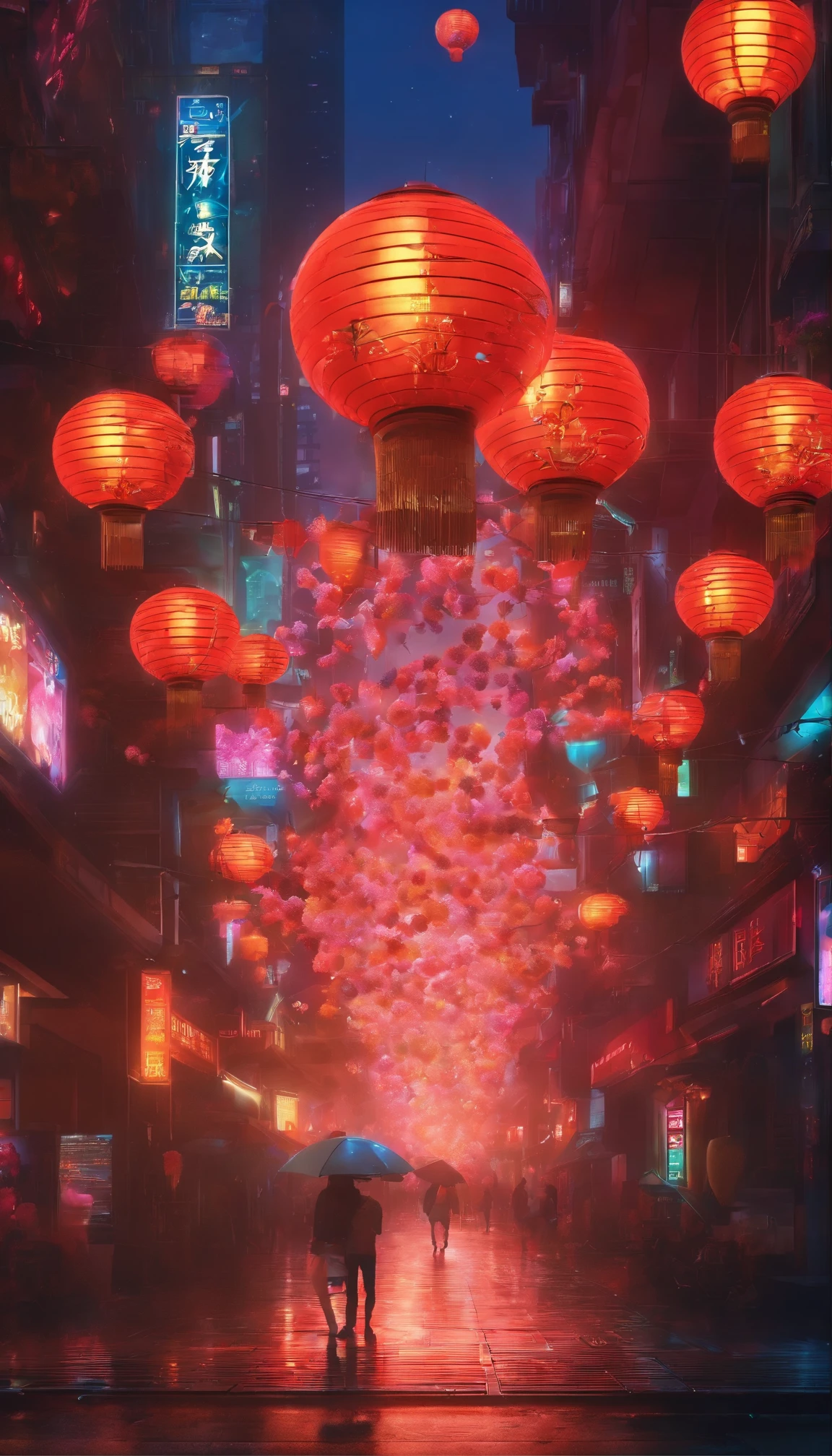 中国idoly New Year'eve,lanterns,idoly,dragon dance team,(((Gorgeous fireworks))),3d effect,a huge and prosperous city,natta,Flower Street is bustling with adults and children,high high quality,(16K resolution),((ultra - detailed)),((An artwork of)),hyper realisitc,电影灯光,Dynamic lines,OC Render,Low angle viewing angle