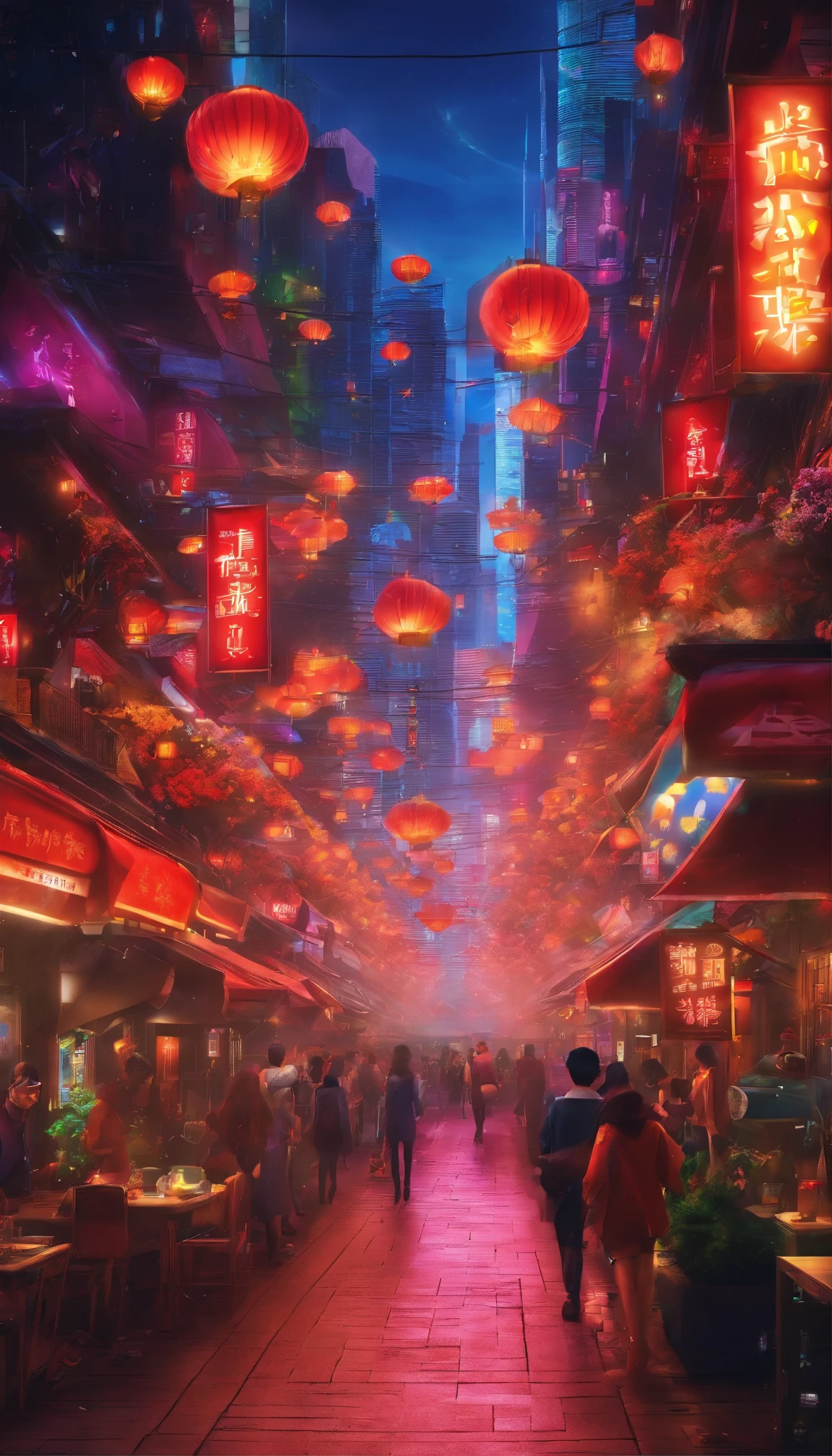中国idoly New Year&#39;eve，lanterns，idoly，dragon dance team，（（（Gorgeous fireworks））），3d effect，a huge and prosperous city，natta，Flower Street is bustling with adults and children，high high quality，（16K resolution），（（ultra - detailed）），（（An artwork of）），hyper realisitc，电影灯光，Dynamic lines，OC Render，Low angle viewing angle