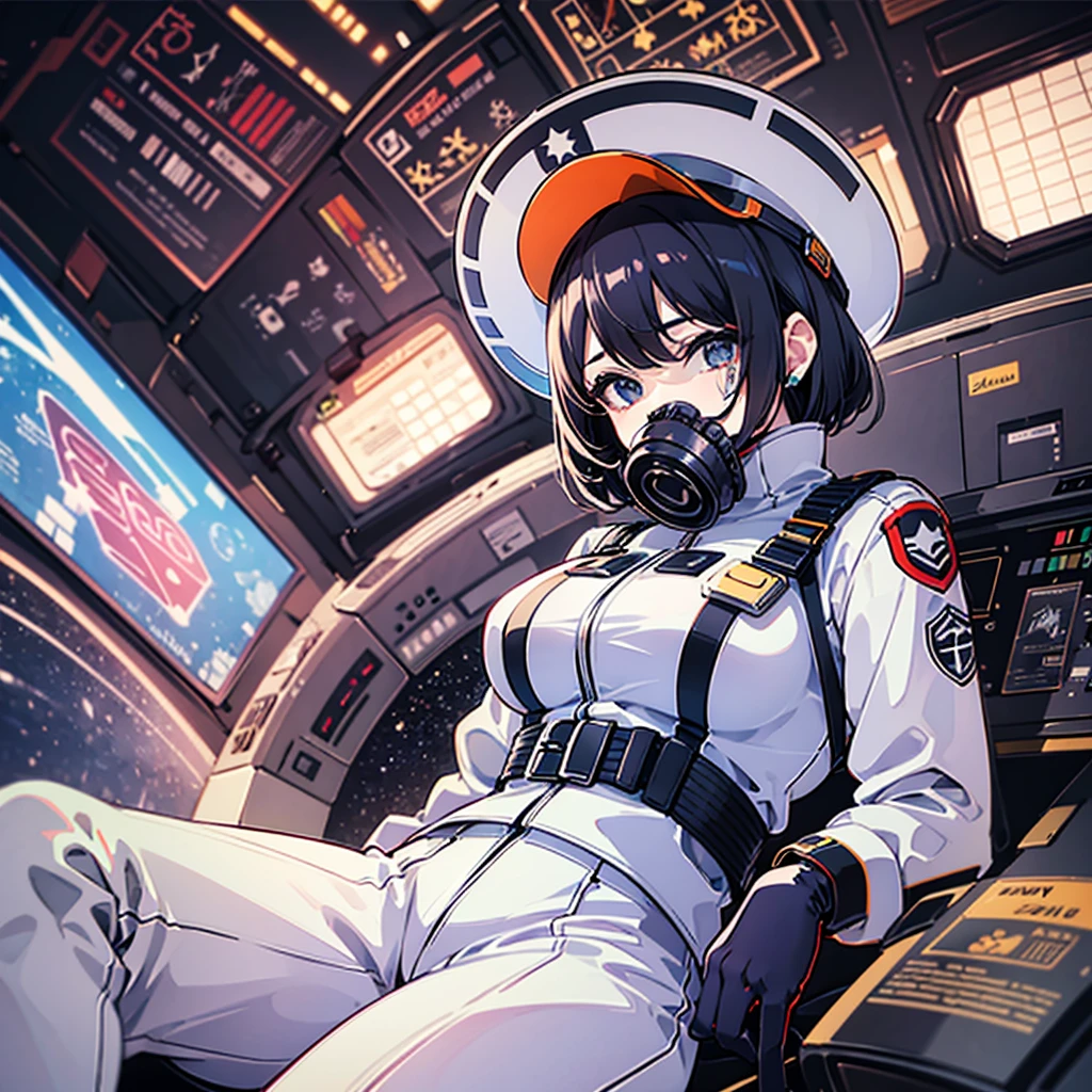 (lower body, manspreading), (((military uniform)), white clothes, white pants, long boots